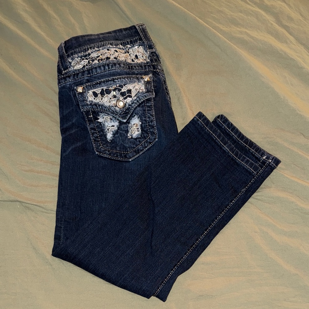 Miss Me Dark Blue Skinny Cropped Jeans with Lace Accents